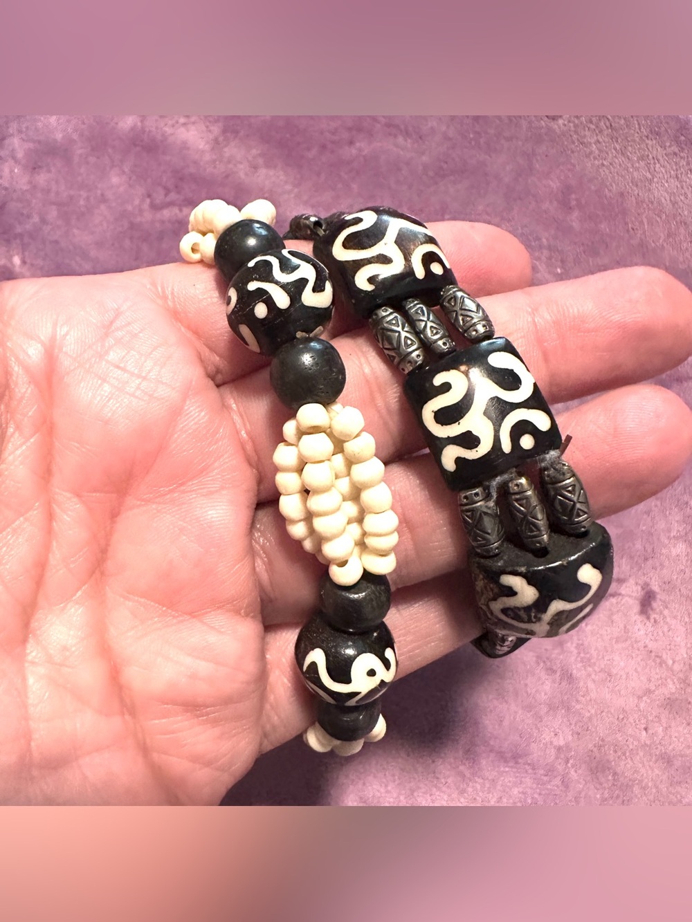 Set of 2 Black and Cream Tibetan Tribal Design Beaded Stretch Bracelets
